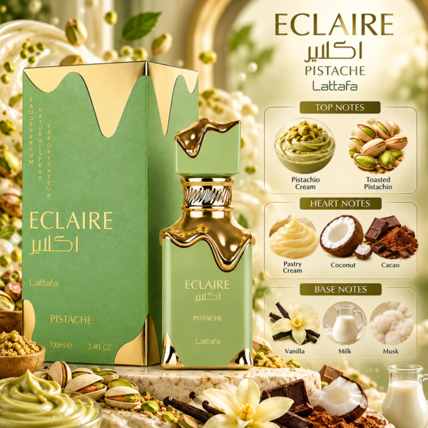 Eclaire Pistache Perfume Infographic Eclaire Pistache Lattafa Tester Perfume – 100ml